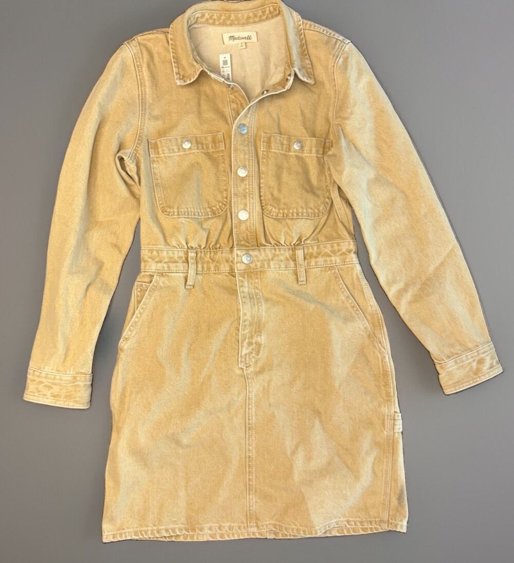 MADEWELL $148 Denim Carpenter Mini Dress Light Yellow Gold Chestnut Fall Neutral